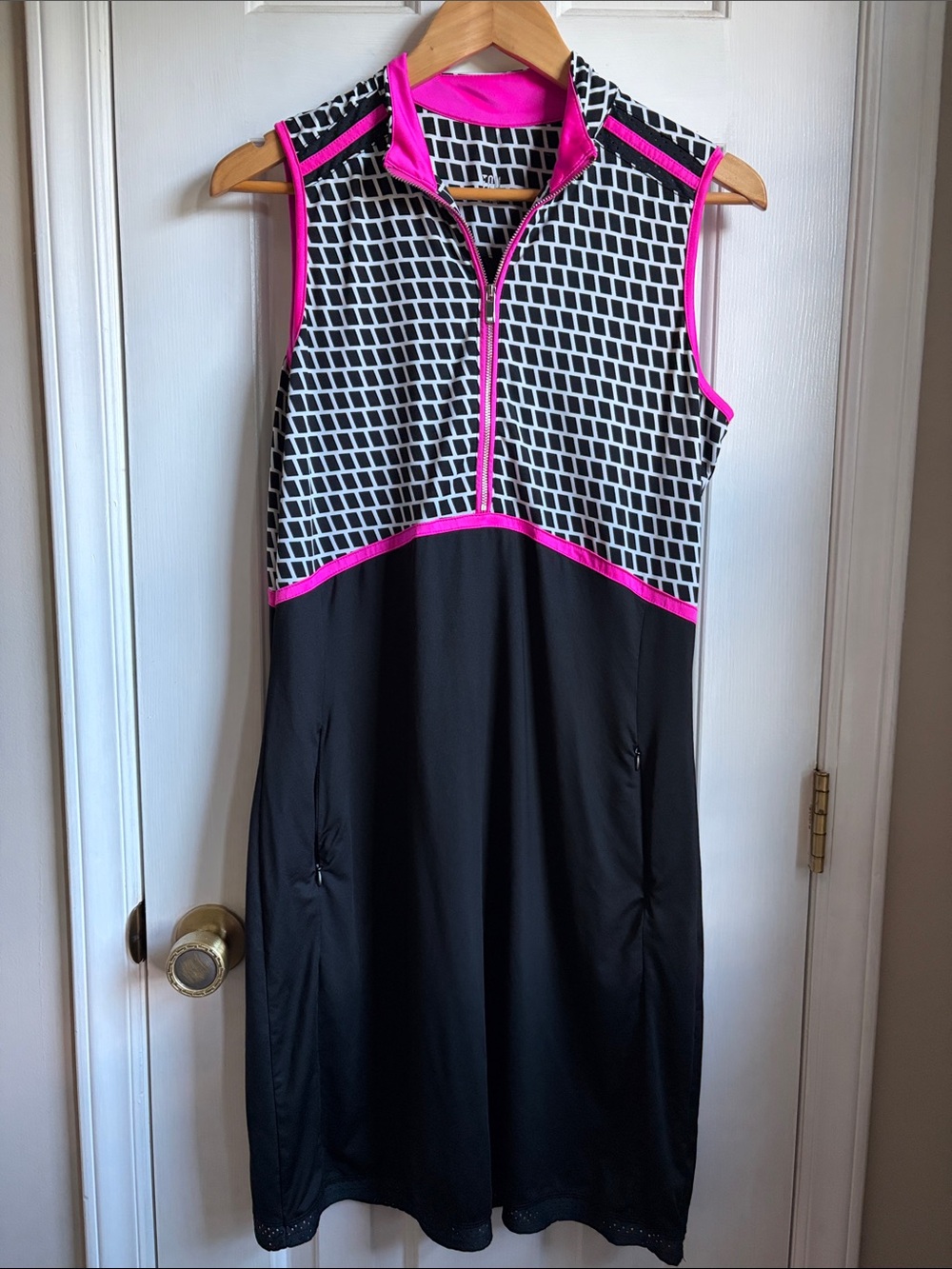 Tail Black & Hot Pink Sleeveless Midi Dress with Geometric Bodice